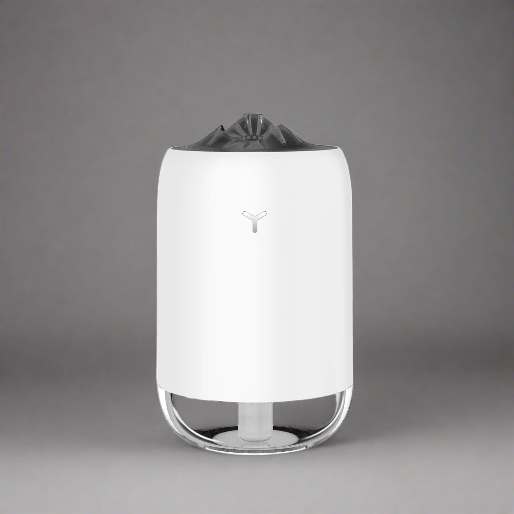 White Magic Flame Aroma Diffuser Humidifier with a sleek design and LED lighting feature, suitable for desktop and car use. Ideal for home, office, and travel settings.